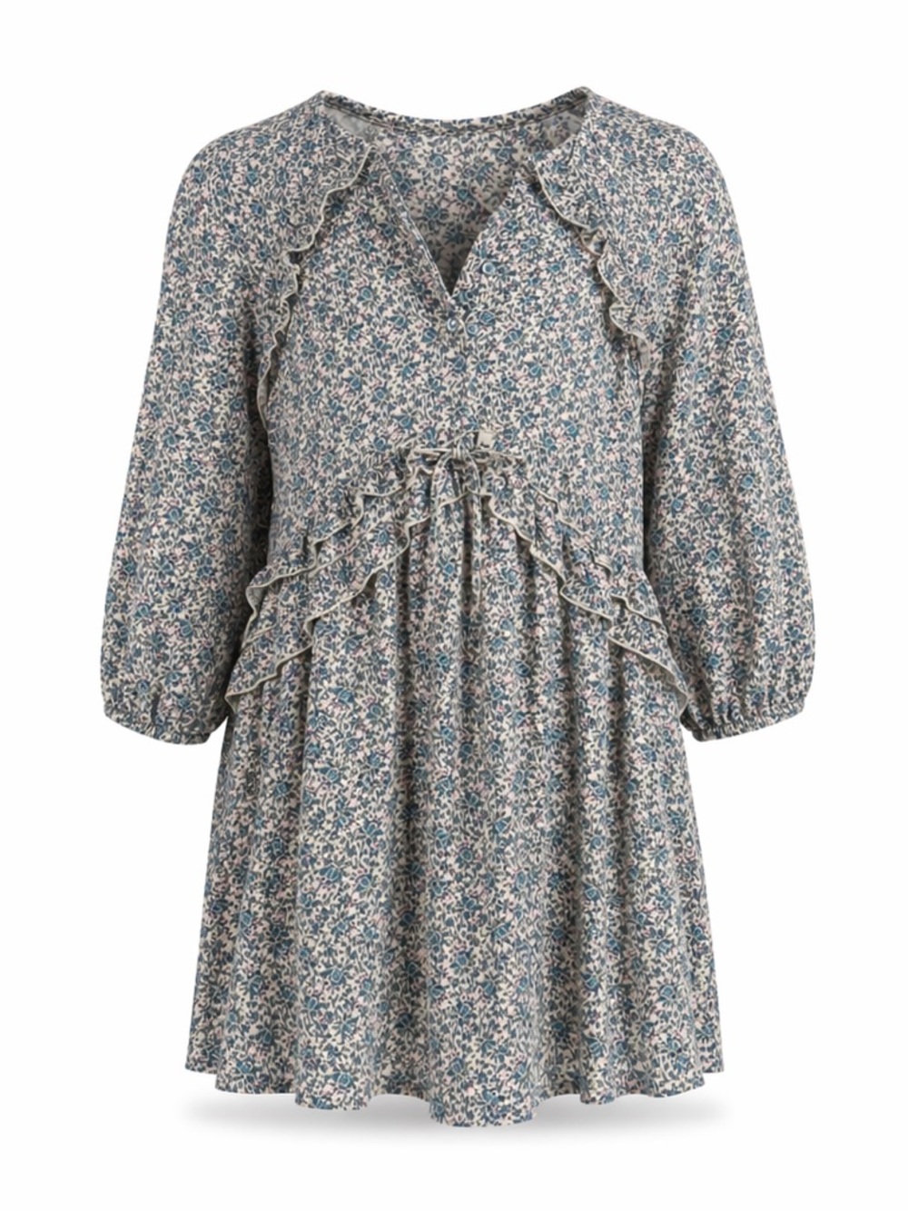 Zara Girls Blue Floral Smocked Ruffle Dress Cottagecore Boho 3/4 Sleeve Sz 10